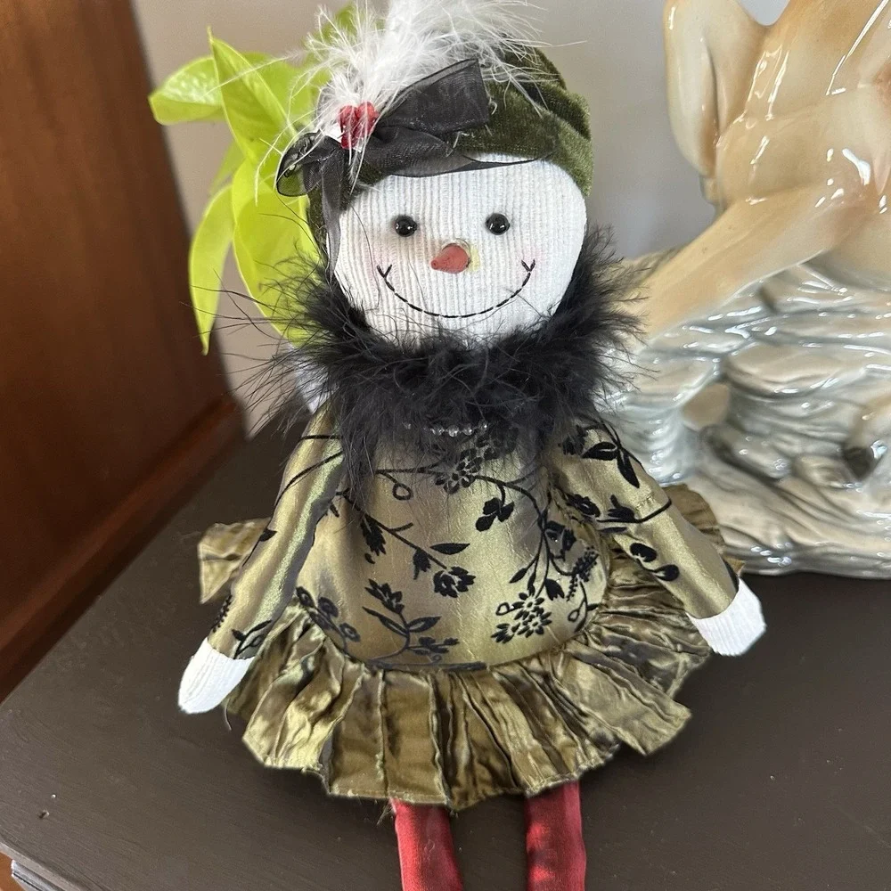 VTG Snowman Snow Lady Feathers Fancy Green Satin Dress Weighted Christmas Decor
